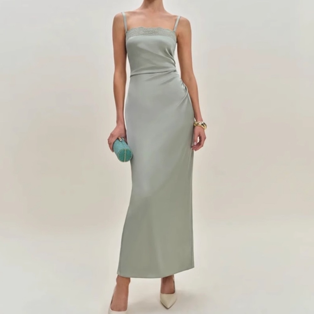 Reformation Vesper Satin Maxi Dress in Salvia Green NWT
